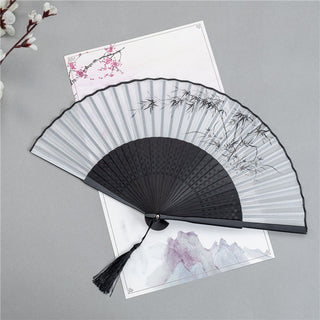 Buddha Gift Mountains Plum Blossom Lotus Magpie Bamboo Leaves Handheld Silk Bamboo Folding Fan 22.5cm