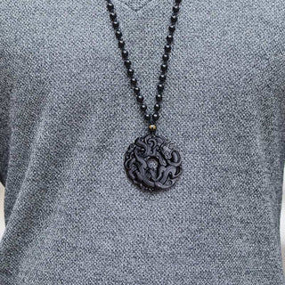 Buddha Gift Natural Black Obsidian Peace Buckle Pixiu Purification Necklace Pendant