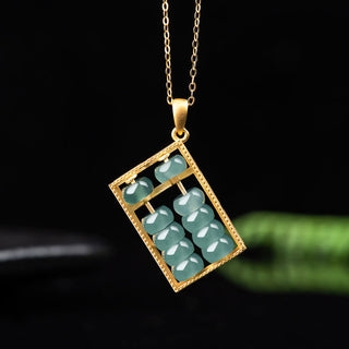 Buddha Gift 925 Sterling Silver Natural Jade Abacus Pattern Abundance Necklace Pendant