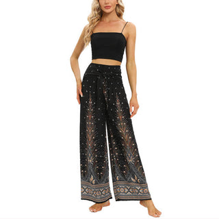 Buddha Gift Boho Peacock Feathers Lace-up Wide Leg Pants Women's Yoga Pants