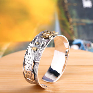 Buddha Gift 925 Sterling Silver Lotus Flower Calm Bracelet Adjustable Bangle