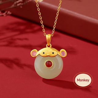 Buddha Gift 925 Sterling Silver Hetian Jade Chinese Zodiac Year of the Dragon Red Agate Luck Protection Necklace Pendant (Extra 30% Off | USE CODE: FS30)
