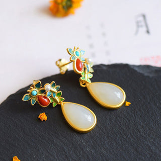 Buddha Gift Water Drop White Jade Red Agate Butterfly Protection Drop Dangle Earrings