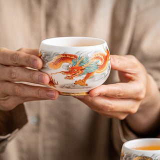 Buddha Gift Dragon Phoenix Auspicious Clouds Ceramic Teacup Kung Fu Tea Cup With Gift Box