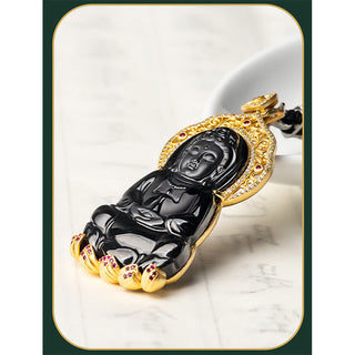Buddha Gift 925 Sterling Silver Natural Black Jade Kwan Yin Avalokitesvara Wealth Necklace Pendant