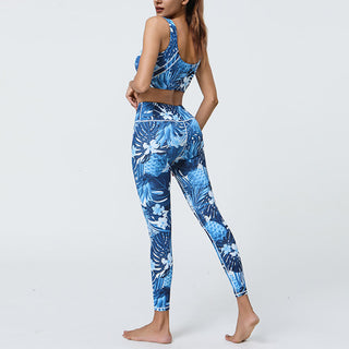 Buddha Gift 2Pcs Pineapple Grass Leaves Print Sports Fitness Crop Tank Bra High Waist Leggings Yoga Pants