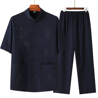Buddha Gift Tang Suit Hanfu Chinese Dragon Traditional Kung Fu Uniform Short Sleeve Tops and Pants Clothing Men's Set