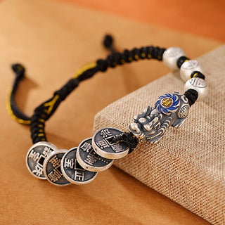 Buddha Gift 999 Sterling Silver FengShui PiXiu Copper Coin Fu Character Wealth Braided Bracelet