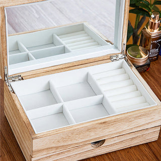 Buddha Gift Retro Beige Wooden Jewelry Box Two-Layer Jewelry Storage Box With Mirror