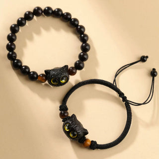 Buddha Gift Cute Ebony Wood Cat Head Pattern Peace Bracelet