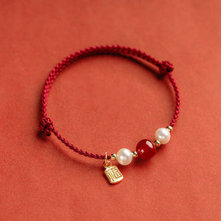 Buddha Gift 925 Sterling Silver Good Fortune Fu Character Agate Pearl Red String Braid Bracelet