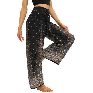 Buddha Gift Boho Peacock Feathers Lace-up Wide Leg Pants Women's Yoga Pants