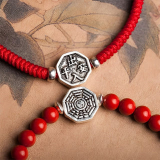 Buddha Gift 925 Sterling Silver Yin Yang Bagua Symbol Cinnabar String Concentration Bracelet