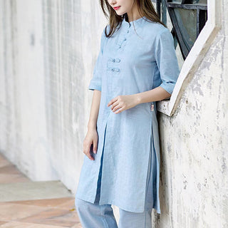 Buddha Gift 2Pcs Half Sleeve Shirt Top Pants Meditation Zen Tai Chi Linen Clothing Women's Set