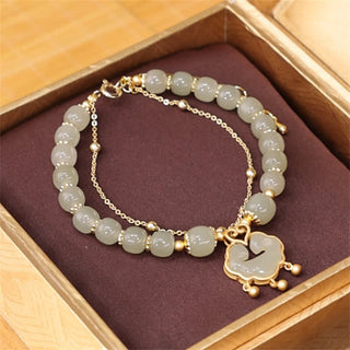 Buddha Gift 14K Gold Plated Natural Hetian Jade Wish Lock Bell Chain Bracelet