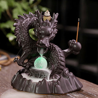 Buddha Gift Auspicious Dragon Ceramic Backflow Smoke Fountain Meditation Healing Incense Burner Led Ball Decoration