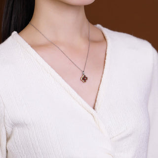 Buddha Gift 925 Sterling Silver Natural Garnet Four-leaf Clover Protection Necklace Pendant Ring