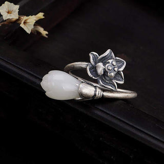 Buddha Gift Jade Lotus Copper Balance Healing Adjustable Ring