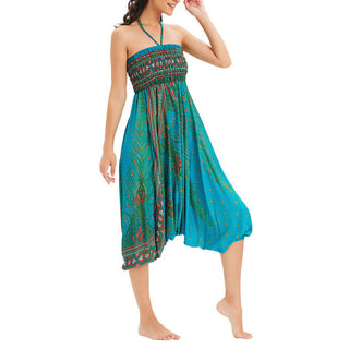 Buddha Gift Two Style Wear Peacock Feather Loose Smocked Harem Trousers Jumpsuit High Waist Pants