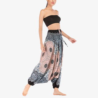 Buddha Gift Two Style Wear Round Geometric Pattern Loose Smocked Harem Trousers Jumpsuit High Waist Women's Yoga Pants