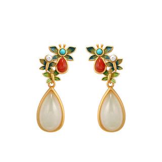 Buddha Gift Water Drop White Jade Red Agate Butterfly Protection Drop Dangle Earrings