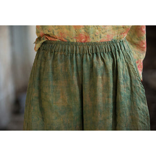 Buddha Gift Green Yellow Ramie Linen Flexible Waistband Wide Leg Pants With Pockets