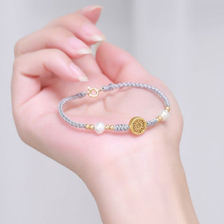 Buddha Gift Copper Coin Fortune Tree Pearl Luck Blue Rope Braided Bracelet