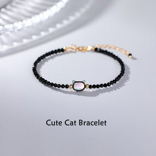 Buddha Gift 14K Gold Plated Black Spinel White Crystal Cute Cat Tridacna Stone Healing Bracelet