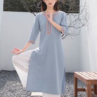 Buddha Gift 2Pcs V-neck Embroidery Yoga Clothing Zen Meditation Cotton Linen Top Pants Women's Set