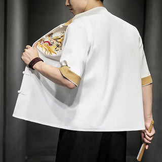 Buddha Gift Frog-Button Chinese Dragon Auspicious Cloud Embroidery Half Sleeve Shirt Cotton Linen Men Clothing