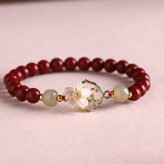 Buddha Gift Natural Cinnabar Jade Beaded Tridacna Stone Flower Blessing Bracelet