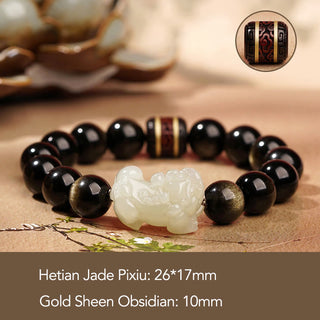 Buddha Gift Natural Gold Sheen Obsidian Hetian Cyan Jade White Jade PiXiu Wealth Bracelet