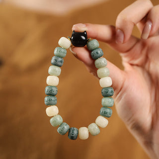 Buddha Gift Bodhi Seed Silver Sheen Obsidian Cat Head Om Mani Padme Hum Engraved Harmony Bracelet