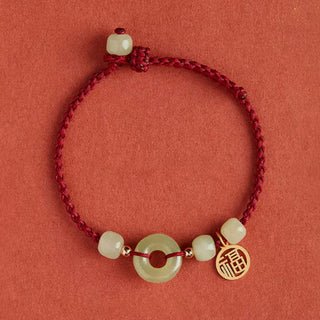 Buddha Gift Round Peace Buckle Jade Lotus Happiness Abundance Wealth String Bracelet