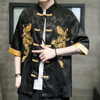 Buddha Gift Frog-Button Chinese Dragon Embroidery Half Sleeve Shirt Linen Men Clothing