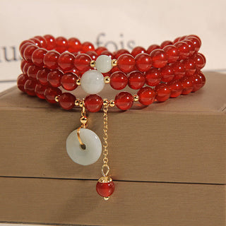 Buddha Gift Natural Red Agate Jade Peace Buckle Calm Triple Wrap Bracelet