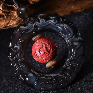 Buddha Gift FengShui Natural Rainbow Obsidian PiXiu Cinnabar Healing Necklace Pendant