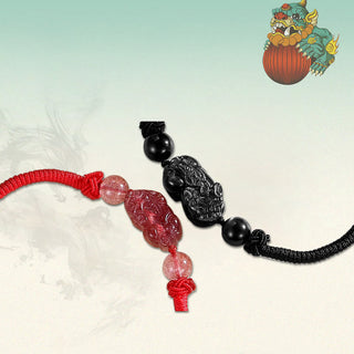 Buddha Gift Handmade Natural Silver Sheen Obsidian Strawberry Quartz PiXiu Protection Braided Bracelet