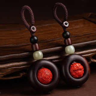 Buddha Gift Tibet Om Mani Padme Hum PiXiu Copper Coin Small Leaf Red Sandalwood Cinnabar Protection Key Chain