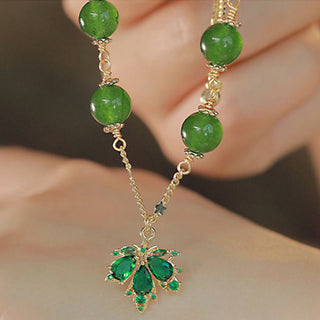 Buddha Gift 14k Gold Plated Green Chalcedony Maple Leaf Courage Strength Bracelet