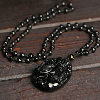 Buddha Gift Black Obsidian Koi Fish Bead Rope Fulfilment Strength Necklace Pendant