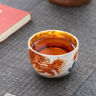Buddha Gift Dragon Phoenix Crane Sun Ocean Waves Gilt Ceramic Teacup Kung Fu Tea Cup 170ml