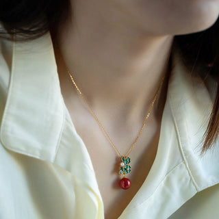 Buddha Gift 925 Sterling Silver Plated Gold Cinnabar Pearl Flower Blessing Necklace Pendant Earrings Ring Set
