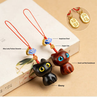 Buddha Gift Small Leaf Red Sandalwood Ebony Wood Lucky Cat Protection Key Chain Phone Hanging Decoration