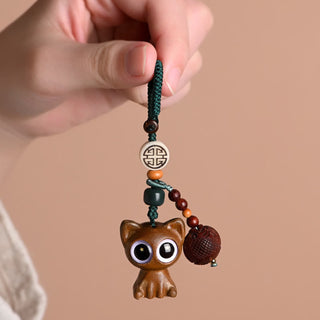 Buddha Gift Green Sandalwood Lucky Cat Koi Fish Cure Key Chain Phone Hanging Decoration