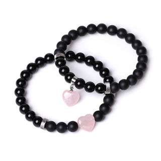 Buddha Gift 2Pcs Black Onyx Crystal Stone Love Heart Protection Support Couple Bracelet