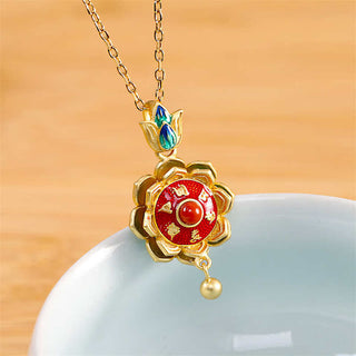 Buddha Gift 925 Sterling Silver Tibet Lotus Prayer Wheel Red Agate Enlightenment Necklace Pendant