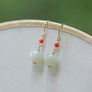 Buddha Gift 925 Sterling Silver 14K Gold Plated Hetian Jade Red Agate Luck Drop Dangle Earrings