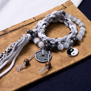 Buddha Gift Black Glitter Stone Cat's Eye Yin Yang Mountain Ghosts Spend Money Power Double Layer Rope Bracelet