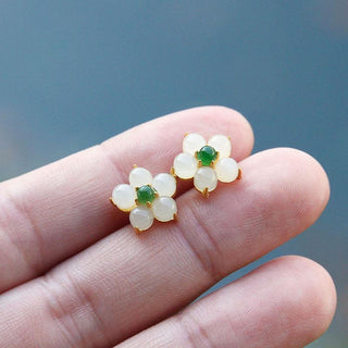 Buddha Gift White Jade Flower Luck Blessing Stud Earrings